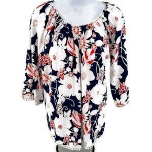 SJS Red White Blue Women's Floral Blouse Top Size Large (Size on tag missing)